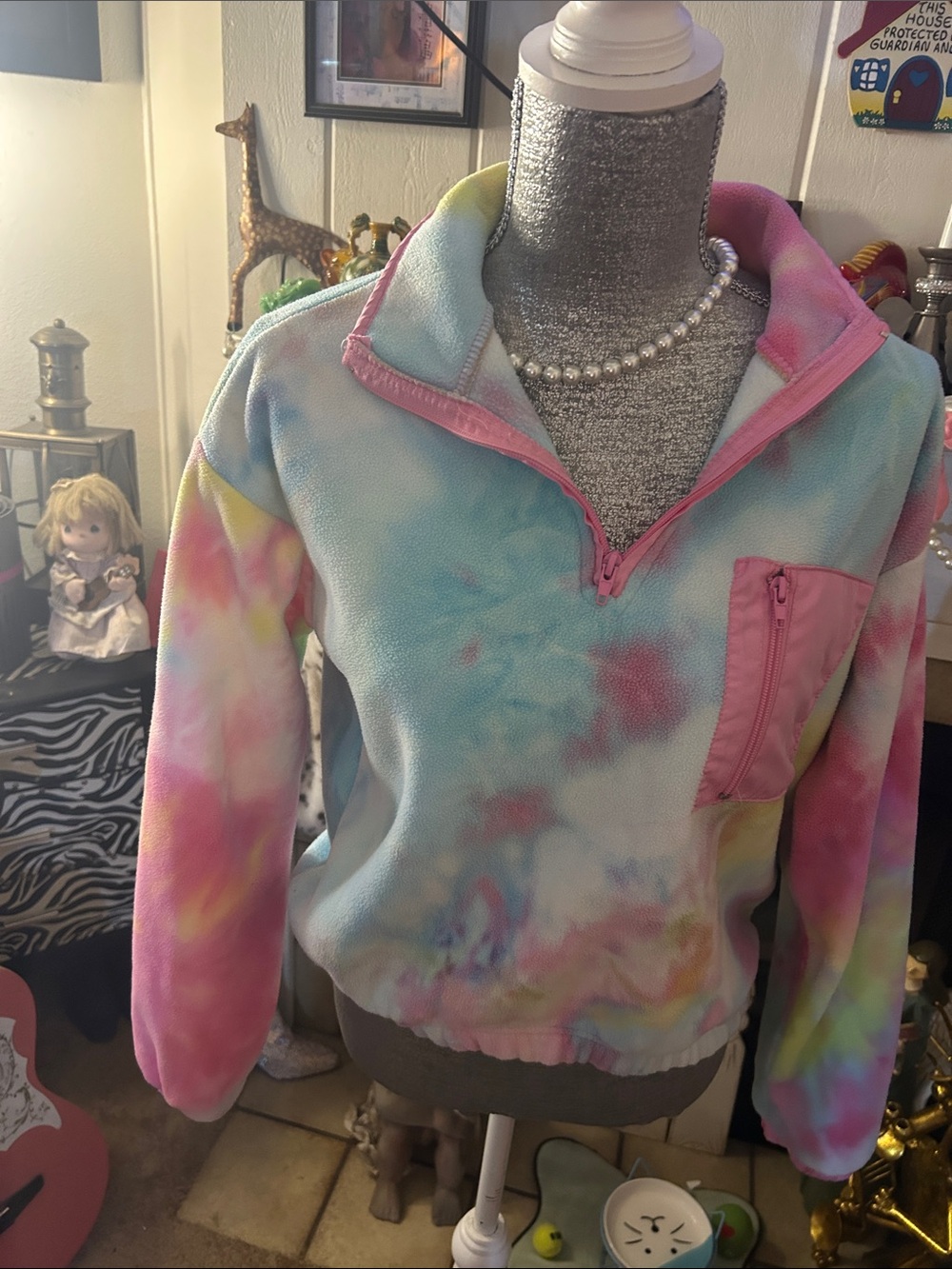 Tie-Dye Half-Zip Fleece Pullover - Pastel Pink & Blue
